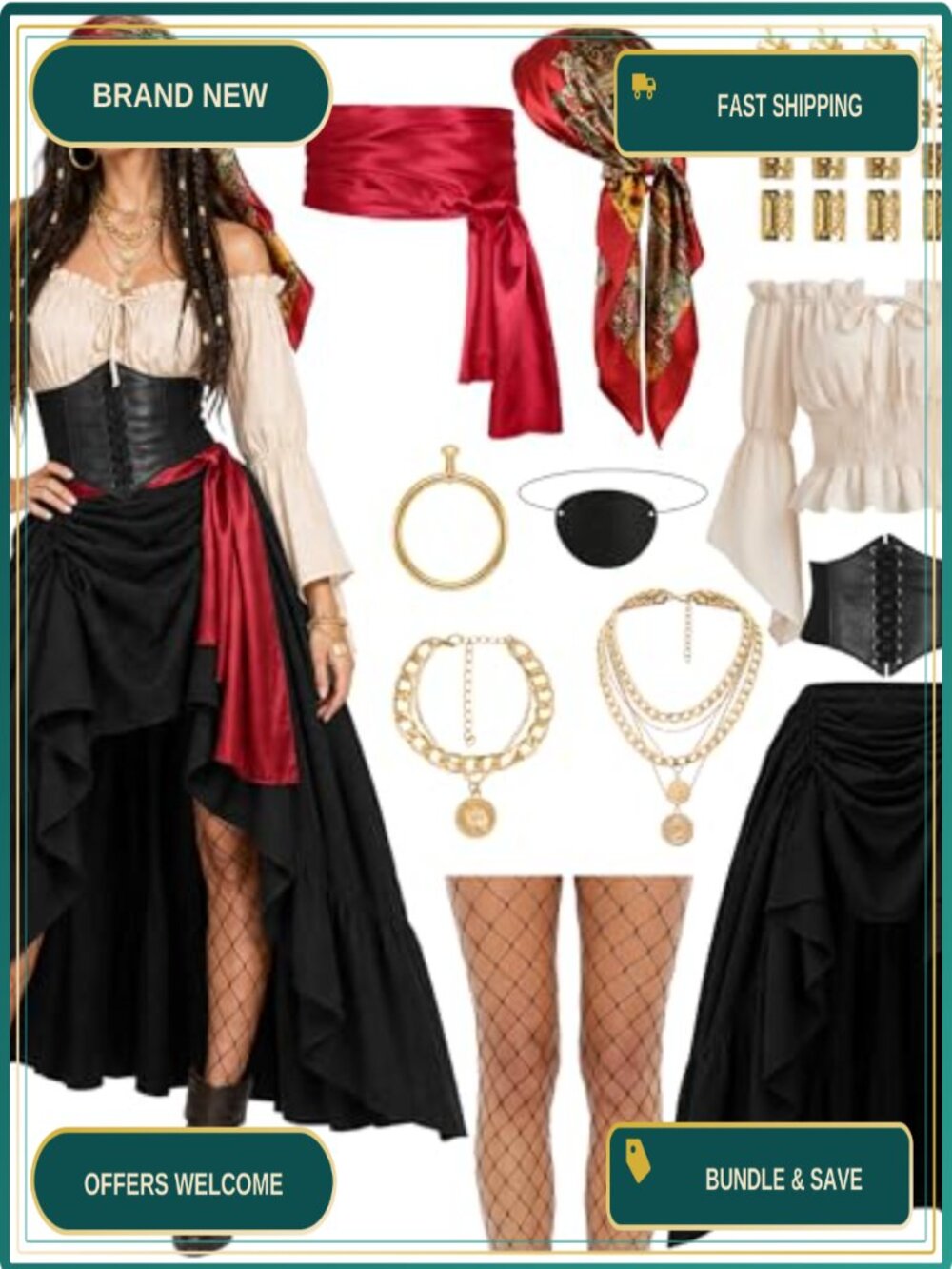 Renaissance Pirate Costume Full Set Faux-Leather Corset Top Skirt